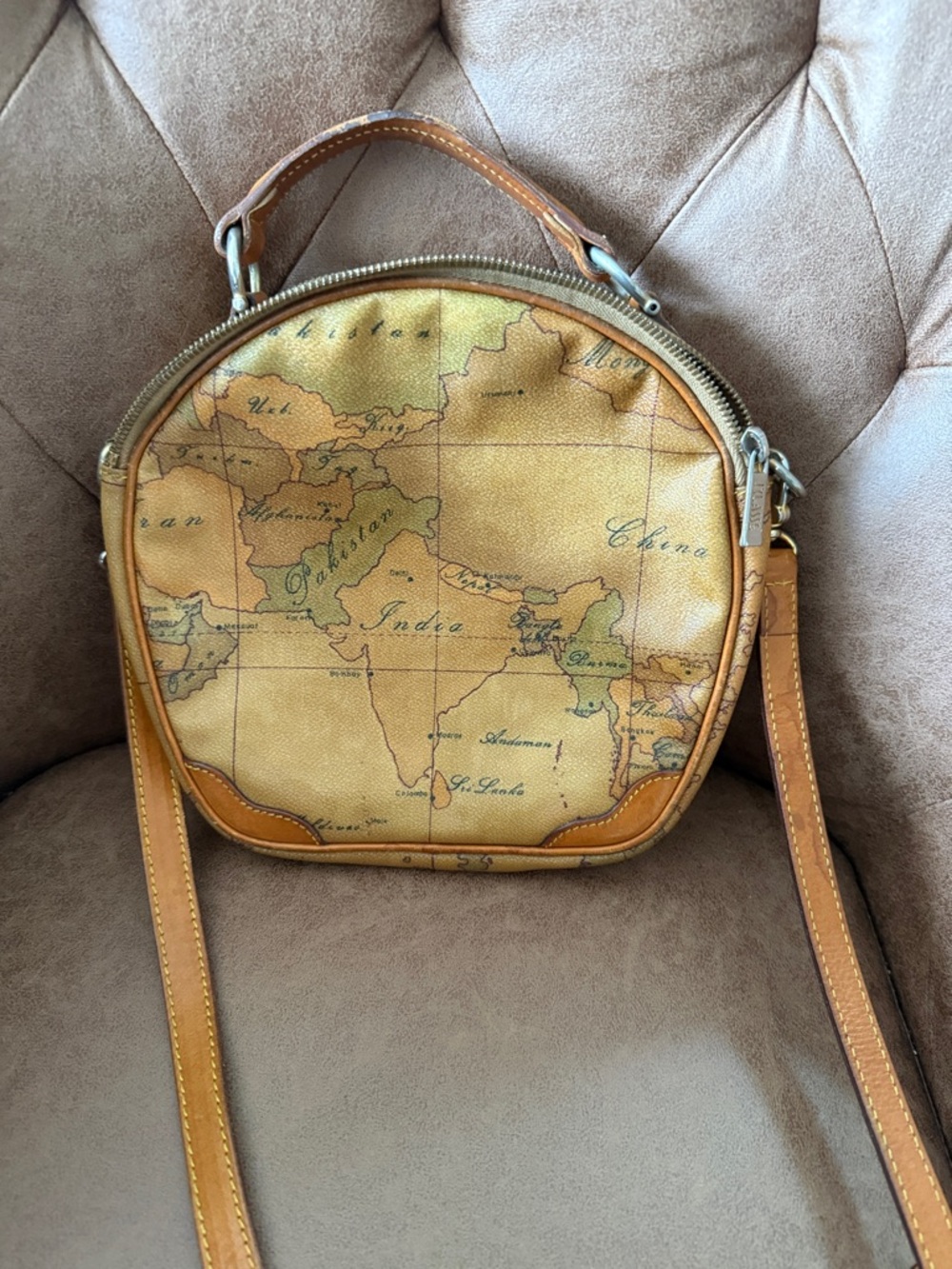 Vintage Alvero Martini Map-Print Round Crossbody Bag in Tan